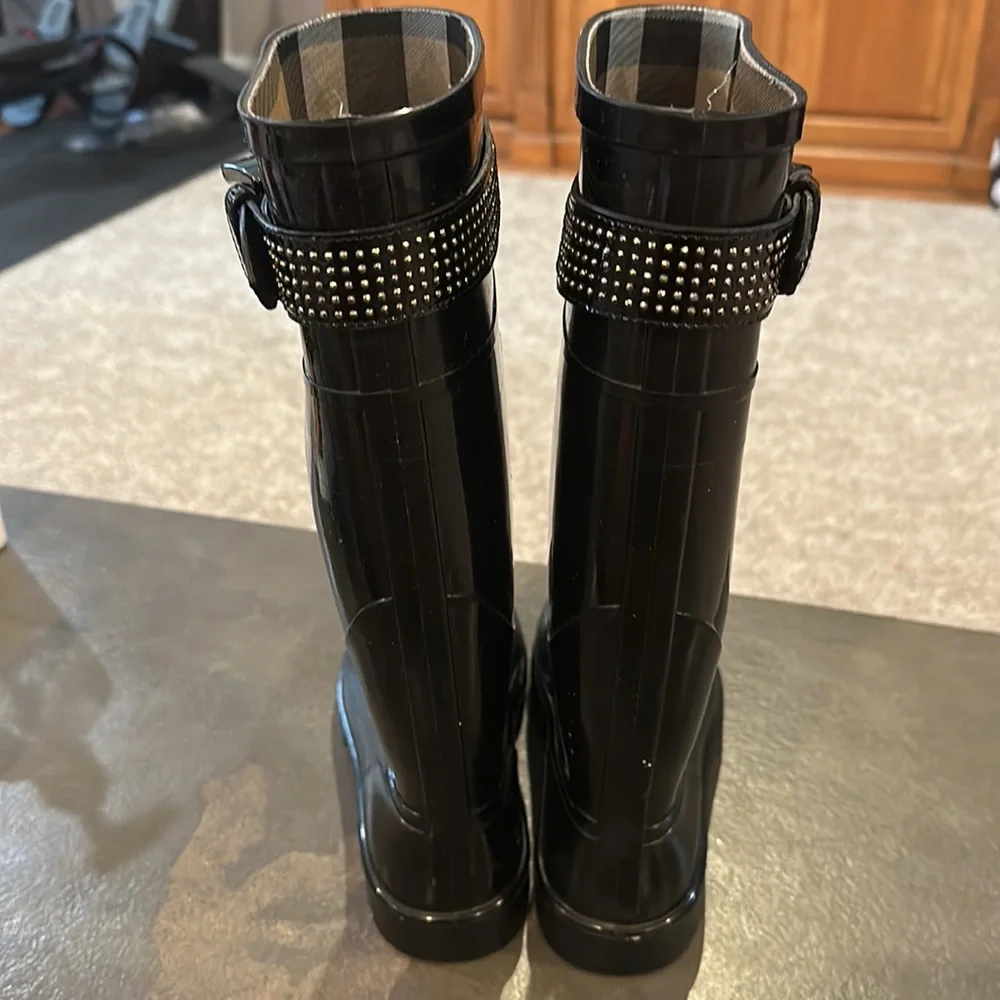 Burberry Black Patent Knee-High Rain Boots with Studded Strap Detail
